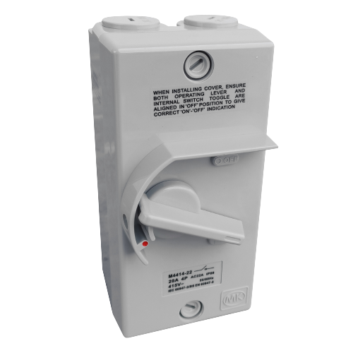 MK 20A 4 Pole Isolator M4414-22, Industrial 4 Pole 20A Electrical Isolator Switch, Designed for High-Power Applications Providing Safe Disconnection of Electrical Loads